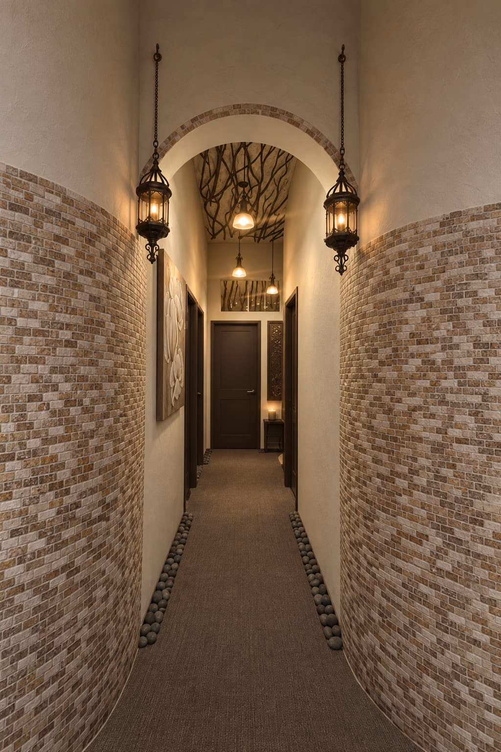 The corridor to the treatment rooms: stone walls, hanging lanterns and an arch.