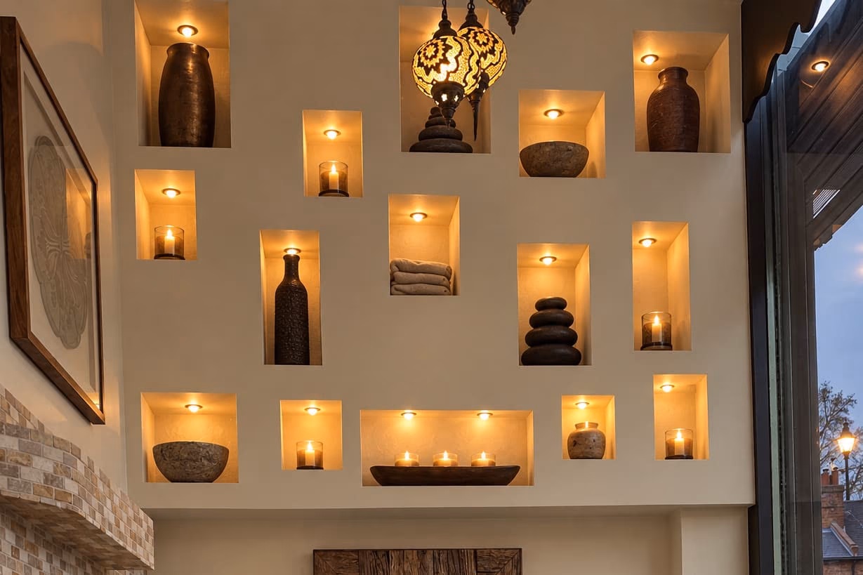 The niche wall close up: candles, stones, jars and folded towels, each in its own lit recess.
