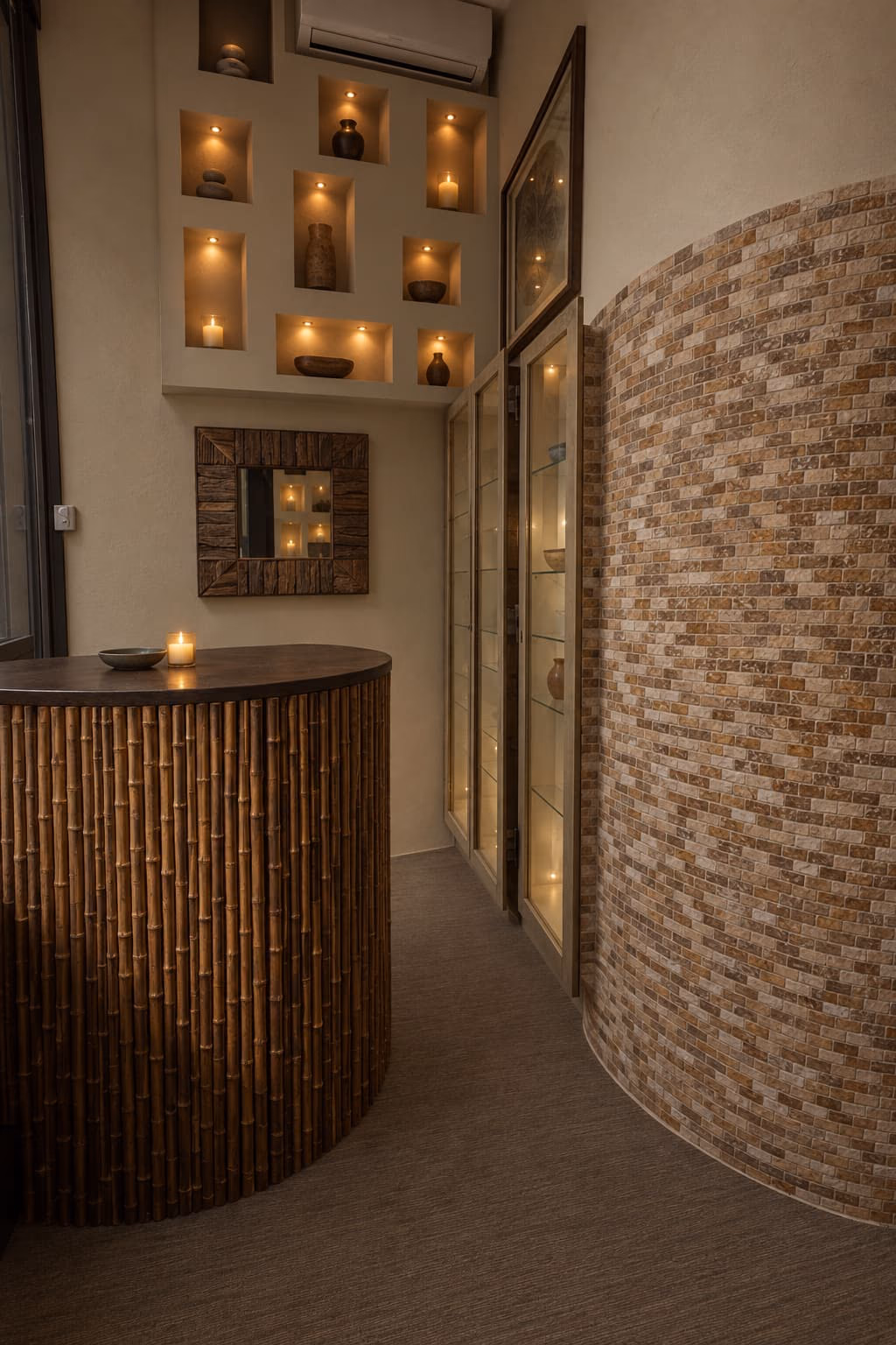 The reception desk, faced in bamboo, beside the curved stone wall.
