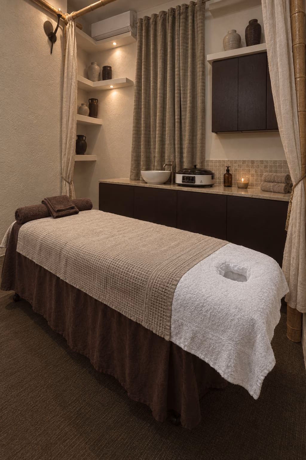 The head end of the couch in treatment room A, with the towels folded at the foot.