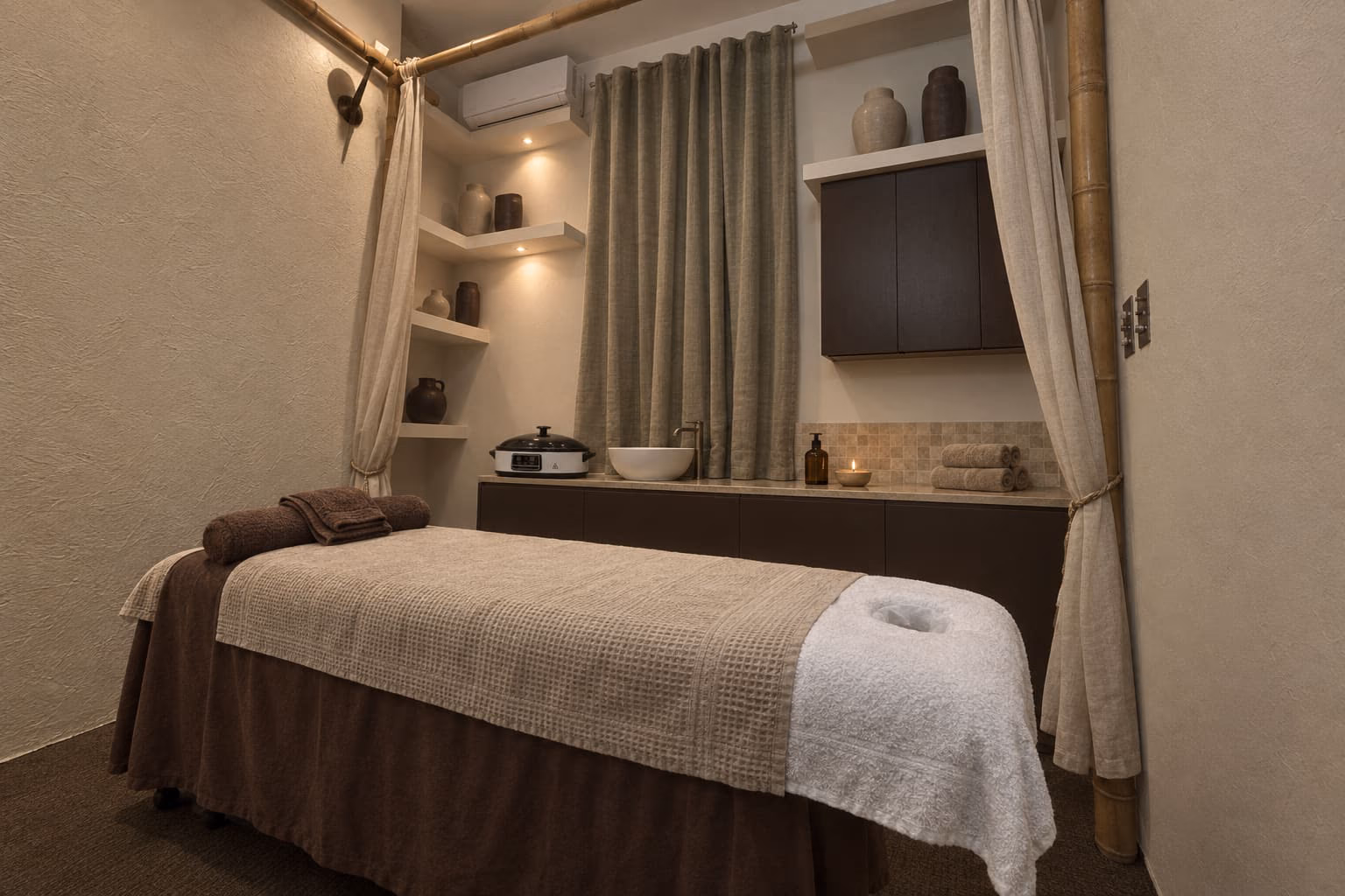Treatment room A: the dressed couch, the counter with its basin, and the linen curtains.