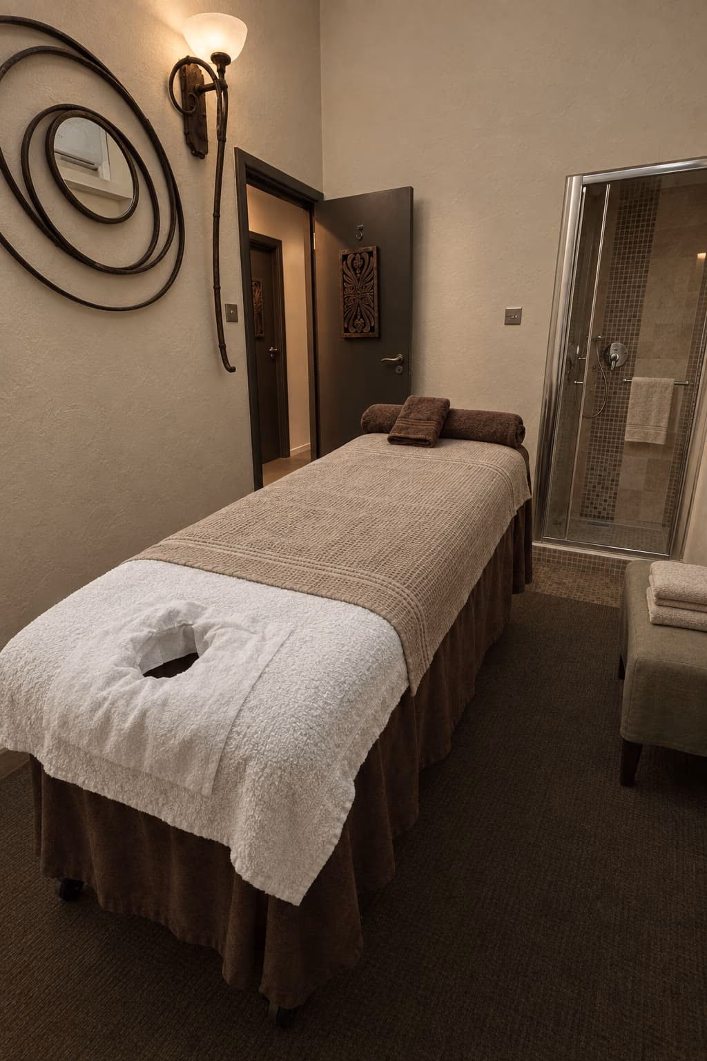 Treatment room C from the head of the couch, with the shower behind it.