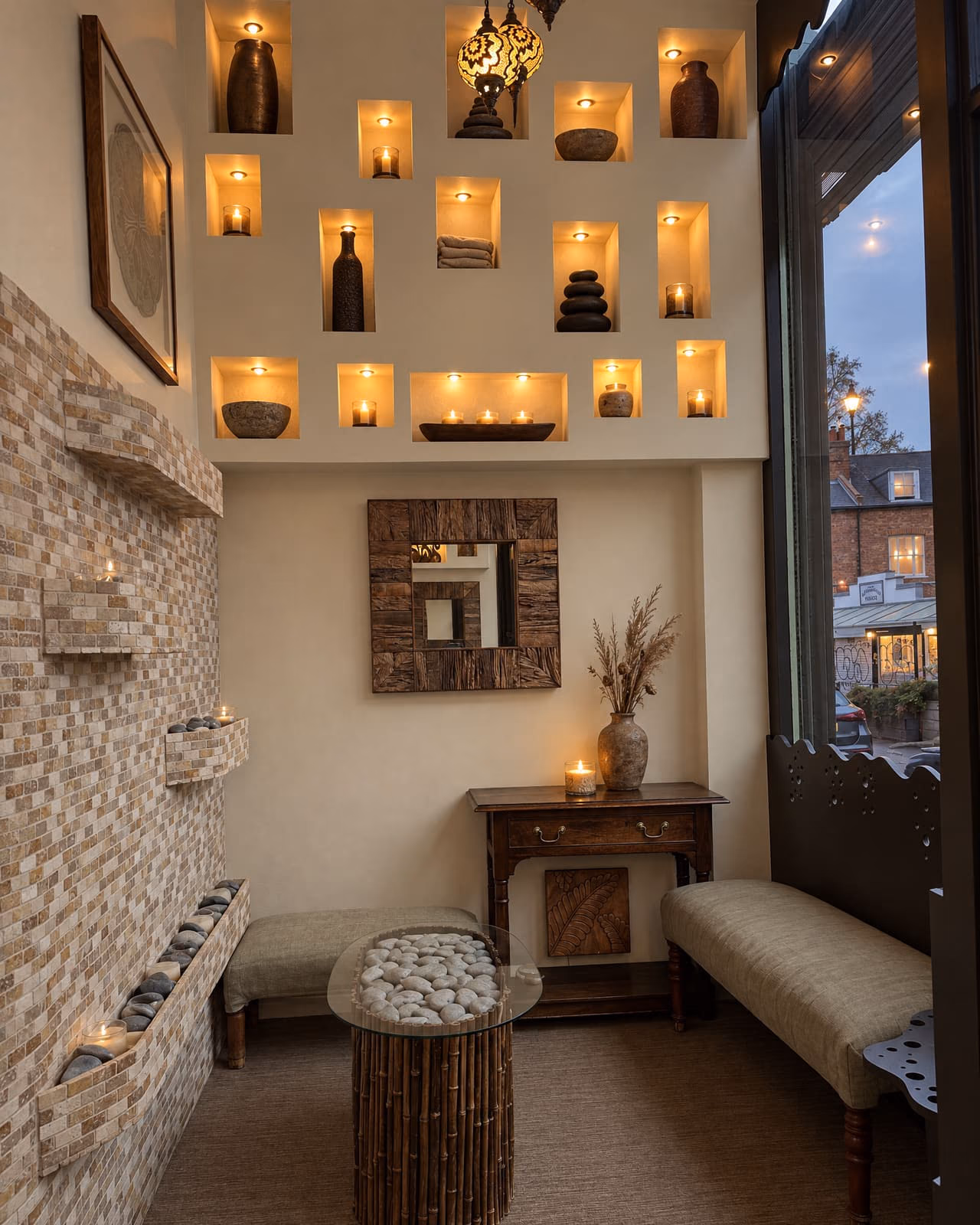 The waiting room looking at the lit niche wall, the mirror and the console table.